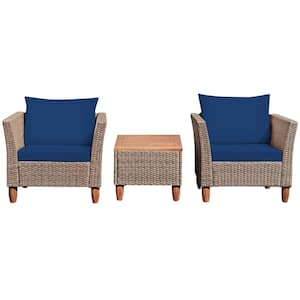 3-Piece Rattan Patio Conversation Furniture Set with Wooden Feet Blue Cushions