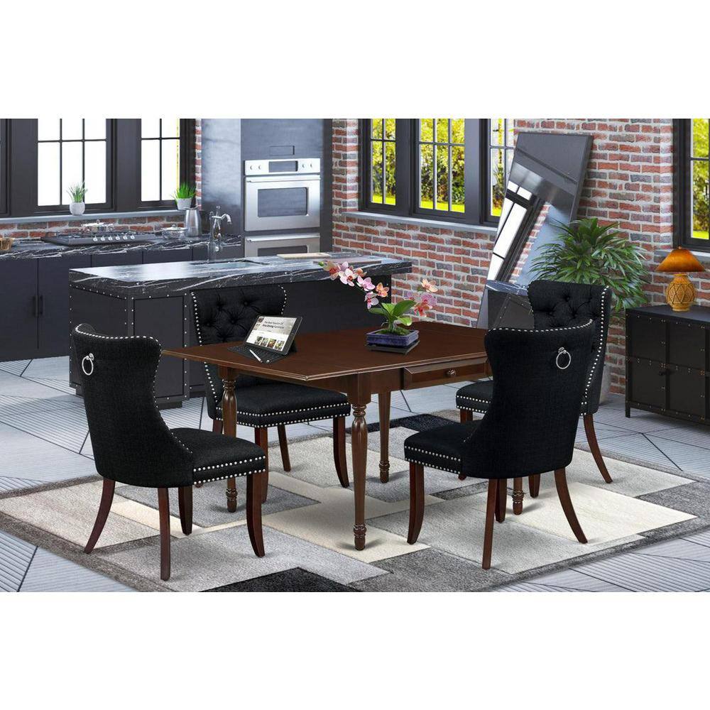 5-Piece Mahogany Finish Solid Wood Top - Rectangular Upholstered Dining Room Set with Dropleaf - Seats 4