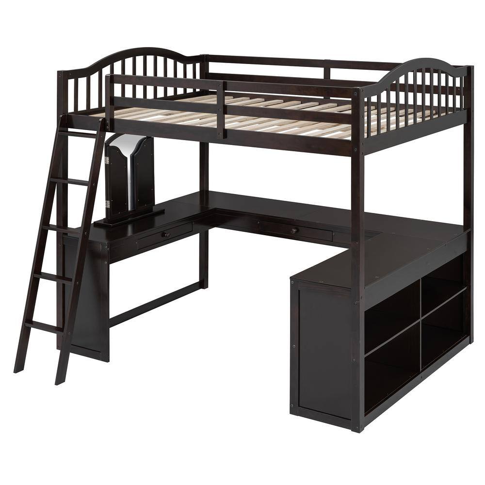 Espresso Full Wooden Loft Bed with Tri-fold Mirror, U-shaped Desk and Drawer