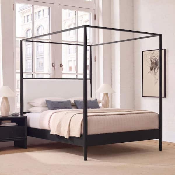 Black Modern Solid Wood Frame Queen Size 4-Poster Platform Bed Canopy Bed with Boucle Upholstered Headboard