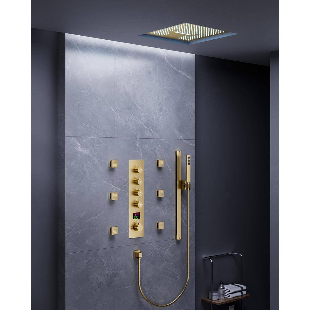 Large Brushed Gold LED Ceiling Mount Shower System