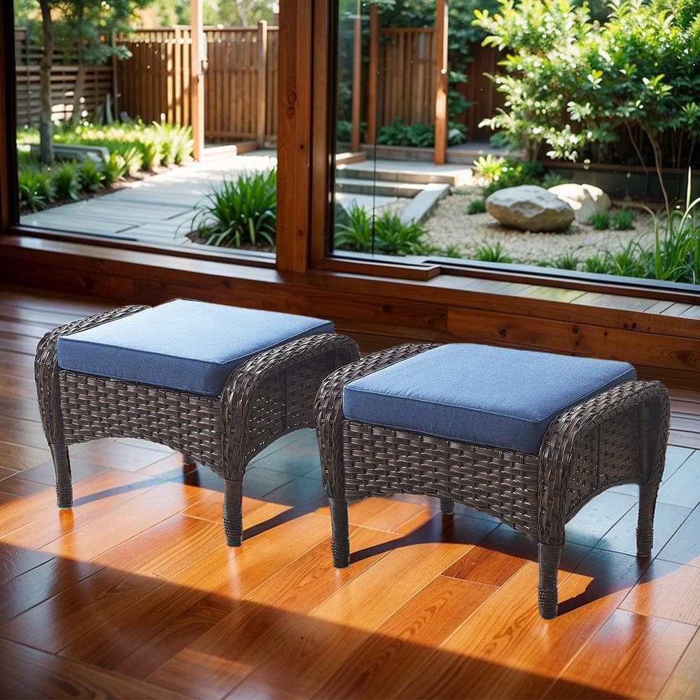 Opohoro PlainCurve Metal and Brown Wicker Outdoor Ottoman with