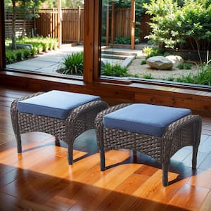 PlainCurve Metal and Brown Wicker Outdoor Ottoman with Olefin Navy Blue Family Cushion (2-Pack)