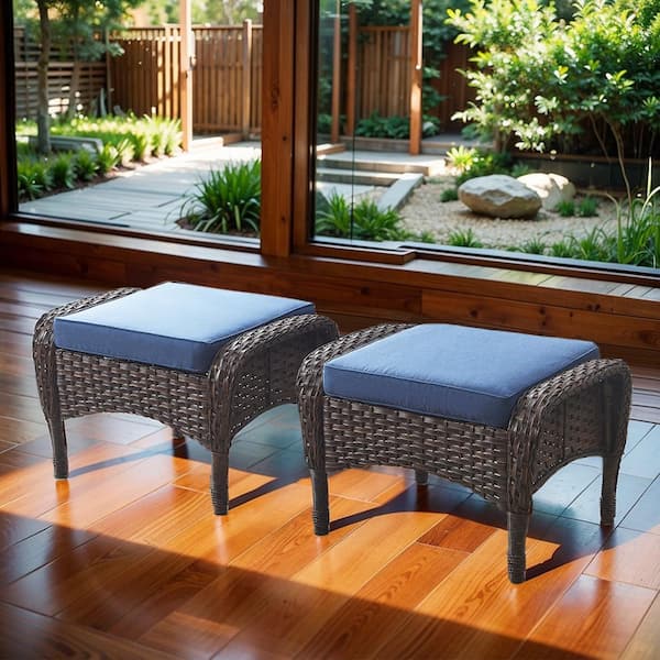 Opohoro Brown Wicker Outdoor Ottoman for Patio (Set of 2) PE Wicker Steel Frame Outdoor Footstool with Navy Blue Cushions