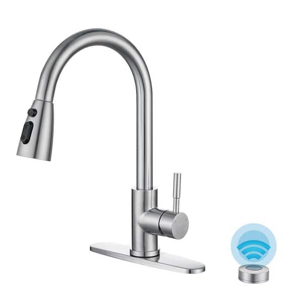 15.6 in. Touchless Single Handle Mobile Motion Sensor Pull Down Sprayer Kitchen Faucet with 3 Mode Swive Spout in Nickel