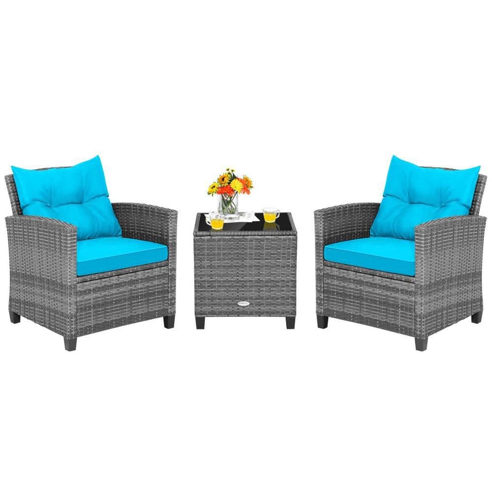 Gymax Set of 3 Rattan Furniture Bistro Set Cushioned Sofas Side