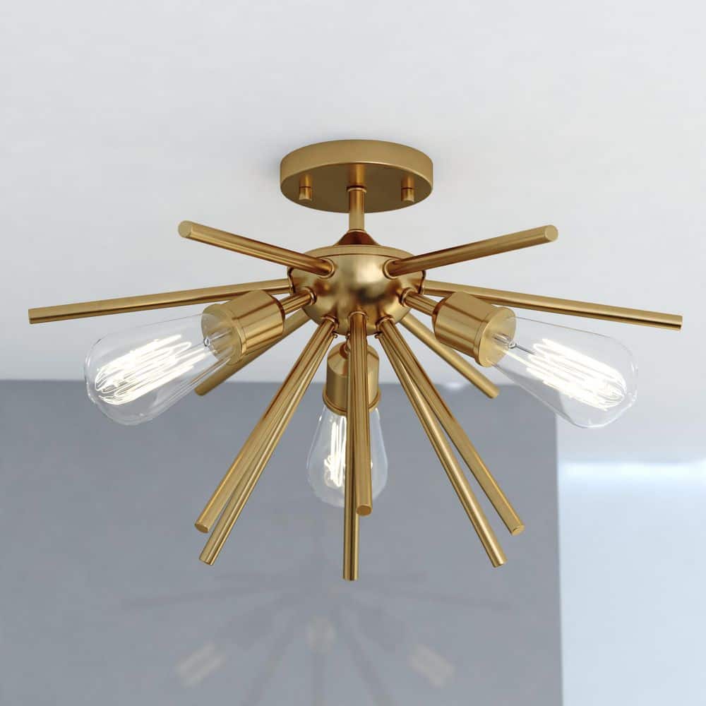 Estelle 3-Light 17 in. Wide Natural Brass Gold Mid-Century Modern Sputnik Semi Flush Mount Lighting Fixture Low Ceilings price history on PriceWatchPro