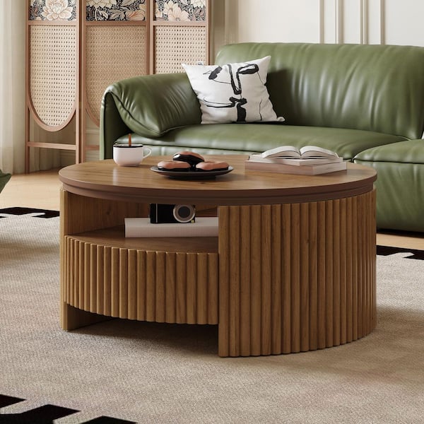 Modern 30.3 in. Walnut Finish Round MDF Wood Fluted Drum Storage Coffee Table with Drawers