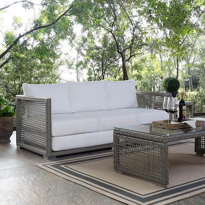 Aura Gray Wicker Outdoor Sofa with White Cushions
