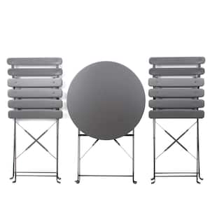 Gray 3-Piece Patio Metal Chair Round Table Outdoor Bistro Set with White Fade Resistant Cushion and Rust Resistant Frame