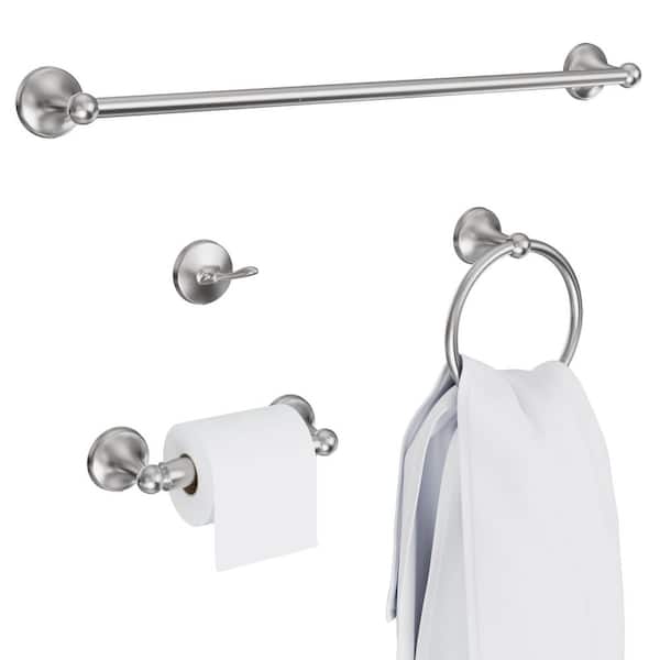 4-Piece Round Bathroom Hardware Set, Bathroom Accessories with Towel Rack Bar, Ring, Holder, Hook in Brushed Nickel
