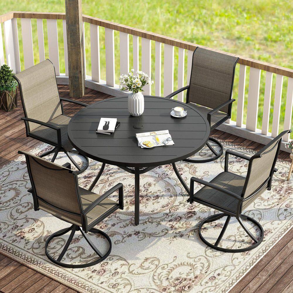 5-Piece Metal Outdoor Dining Set with 40.6 in. Black Round Table and 4 Brown Swivel Dining Chairs for 4 Person price history on PriceWatchPro