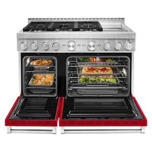 48 in. 6.3 cu. ft. Smart Double Oven Commercial-Style Gas Range with Griddle and True Convection in Passion Red