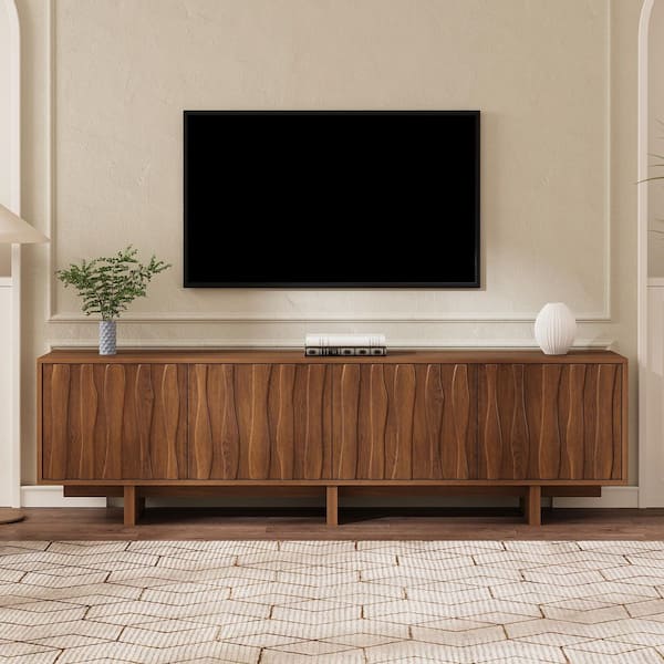 Walnut Retro 70 in. TV Stand for TVs up to 75 in. Wavy Door Design, with 2-Storage Cabinets and Cable Management
