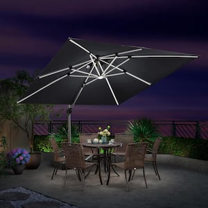 10 ft. Square Aluminum Solar Powered LED Patio Cantilever Offset Umbrella with Stand, Gray