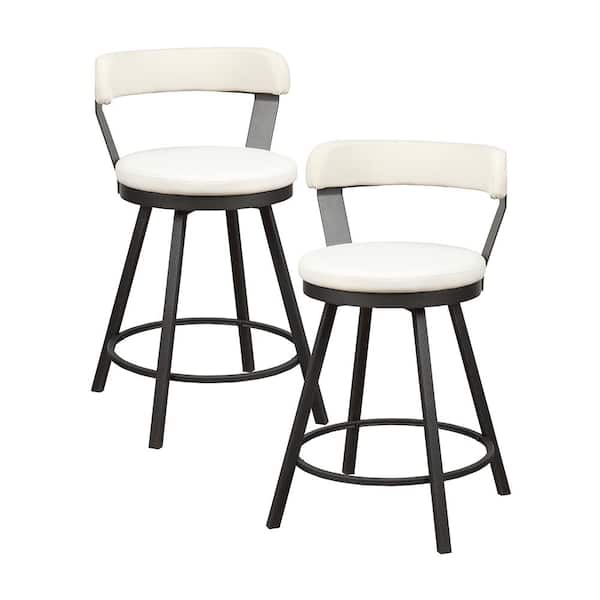 Lazzara Avignon 25 in. Dark Gray Metal Swivel Counter Height Chair with White Faux Leather Seat (Set of 2)