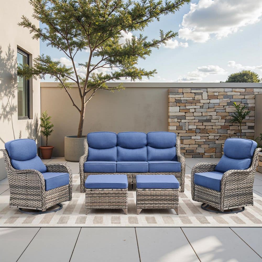 Holion Gray 5-Piece Wicker Swivel Rocker Patio Conversation Set with 6 in. Thick Blue Cushions for Outside price history on PriceWatchPro