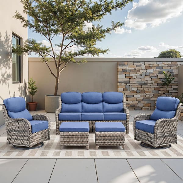 Holion Gray 5-Piece Wicker Swivel Rocker Patio Conversation Set with 6 in. Thick Blue Cushions for Outside