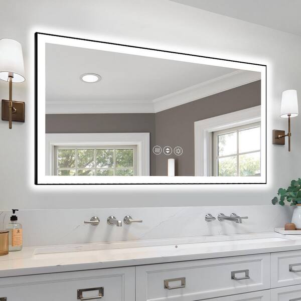 60 in. W x 36 in. H Rectangular Aluminum Framed Anti-Fog Dimmable Wall Mounted LED Bathroom Vanity Mirror in Gold