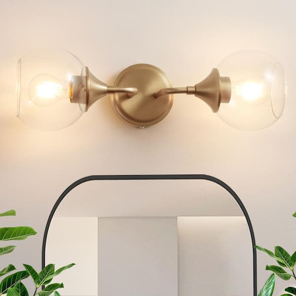 Deyidn Modern 14.1 in. 2 Light Gold Wall Sconce with Clear Glass Shade, Perfect for Modern or Vintage Style Bathrooms