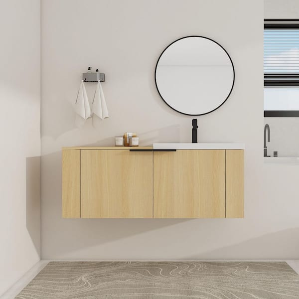 47.24 in. W x 18.11 in. D x 19.29 in. H Wall Mounted Bath Vanity in Light Oak with White Resin Vanity Top