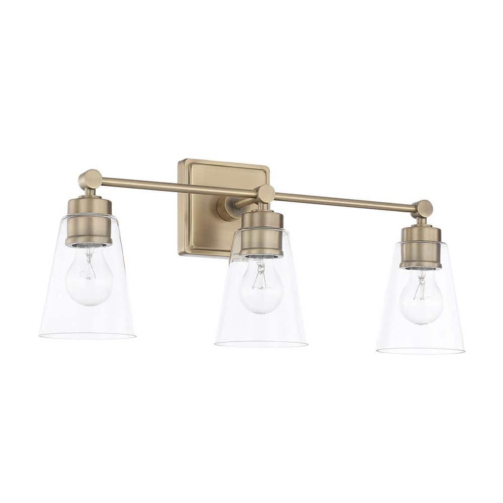 Rory 23 in. W x 10 in. H x 7 in. E 3-Light Aged Brass Vanity Light with Clear Cone Glass Shades price history on PriceWatchPro