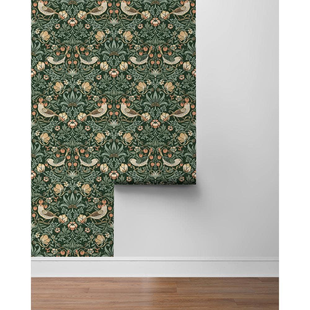 Forest Green Bird and Floral Peel and Stick Wallpaper
