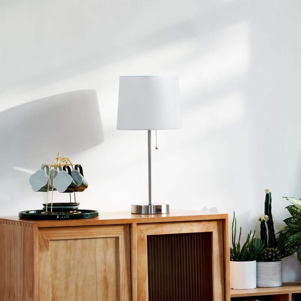 Brushed Nickel Table Lamp Set with White Fabric Shade