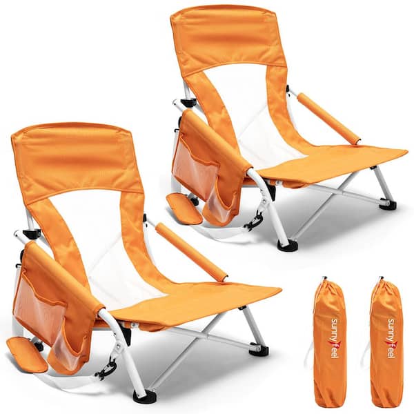 Mondawe 2-Piece Orange Metal Patio Folding Beach Chair Lawn Chair Camping Chair with 2-Side Pockets and Built-in Shoulder Strap