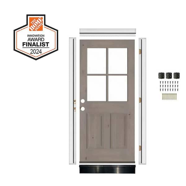 36 in. x 80 in. Right-Hand 4 Lite Clear Glass Grey Stain Knotty Alder Wood Front Door Kit w/ Quick Assemble Jamb