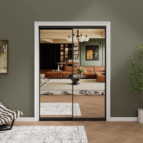 48 in. x 80 in. 1-Lite Black Mirrored Glass and Aluminum Frame Finished Closet Sliding Door with Hardware Kit