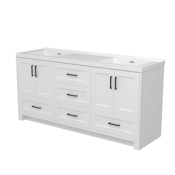 72 in. W x 22 in. D x 35.5 in. H Freestanding Bath Vanity White Solid Wood Cabinet with Double Sink Solid Surface Top