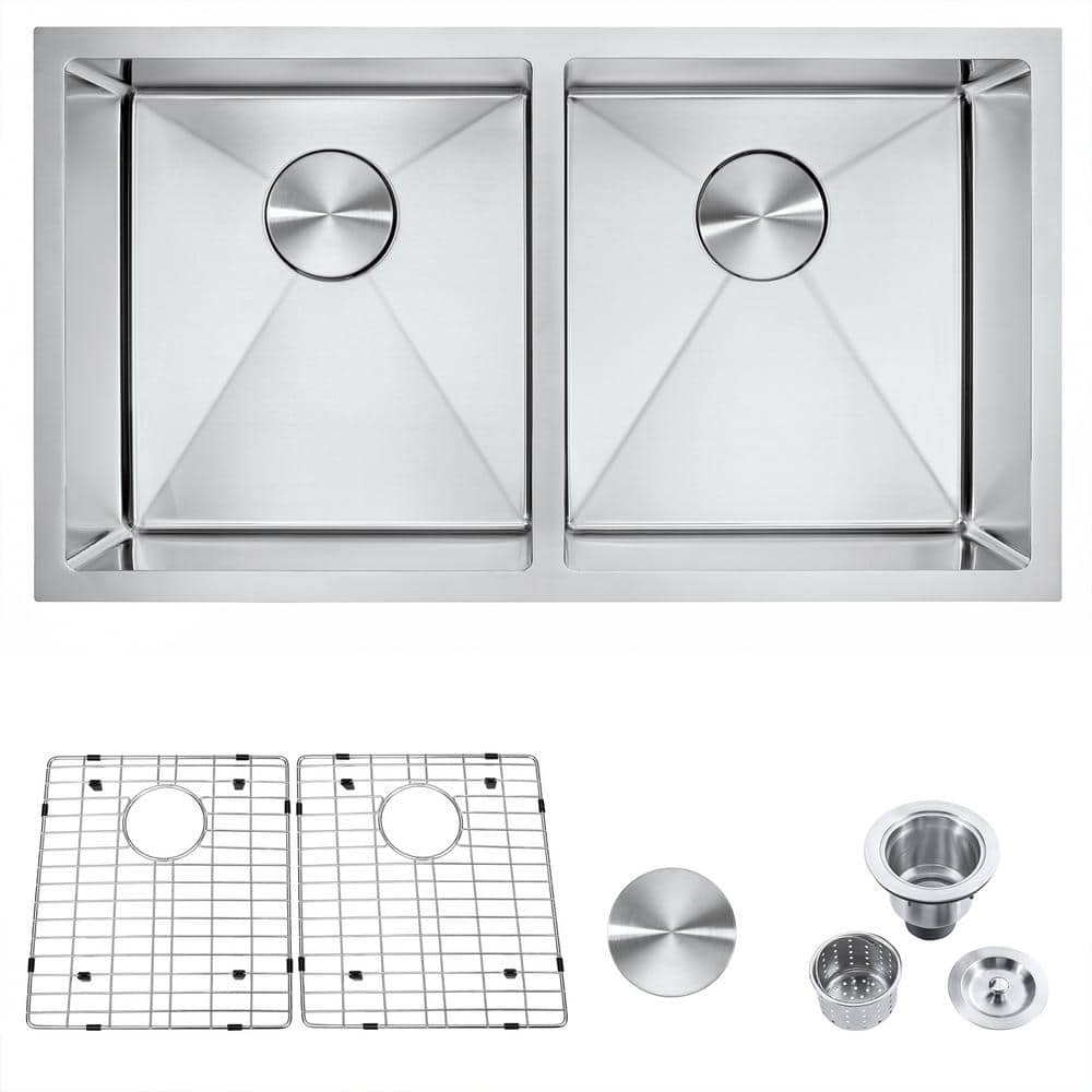 304 Premium Stainless Steel 32 in. W Double Bowl Undermount Kitchen Sink with Faucet and Bottom Grid, Brushed stainless steel finish