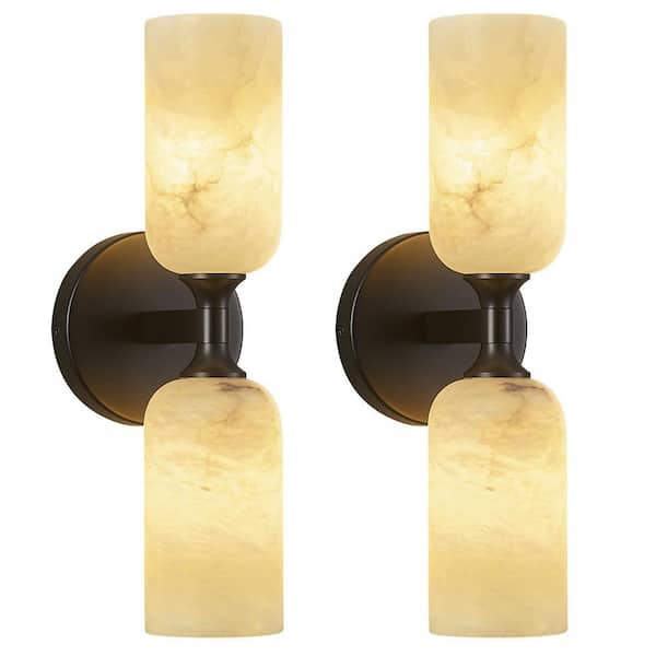 Home Lighting 14 in. 4-Light Modern Black 2-Pack Alabaster Indoor Wall Sconce for Bathroom Bedroom Hallway