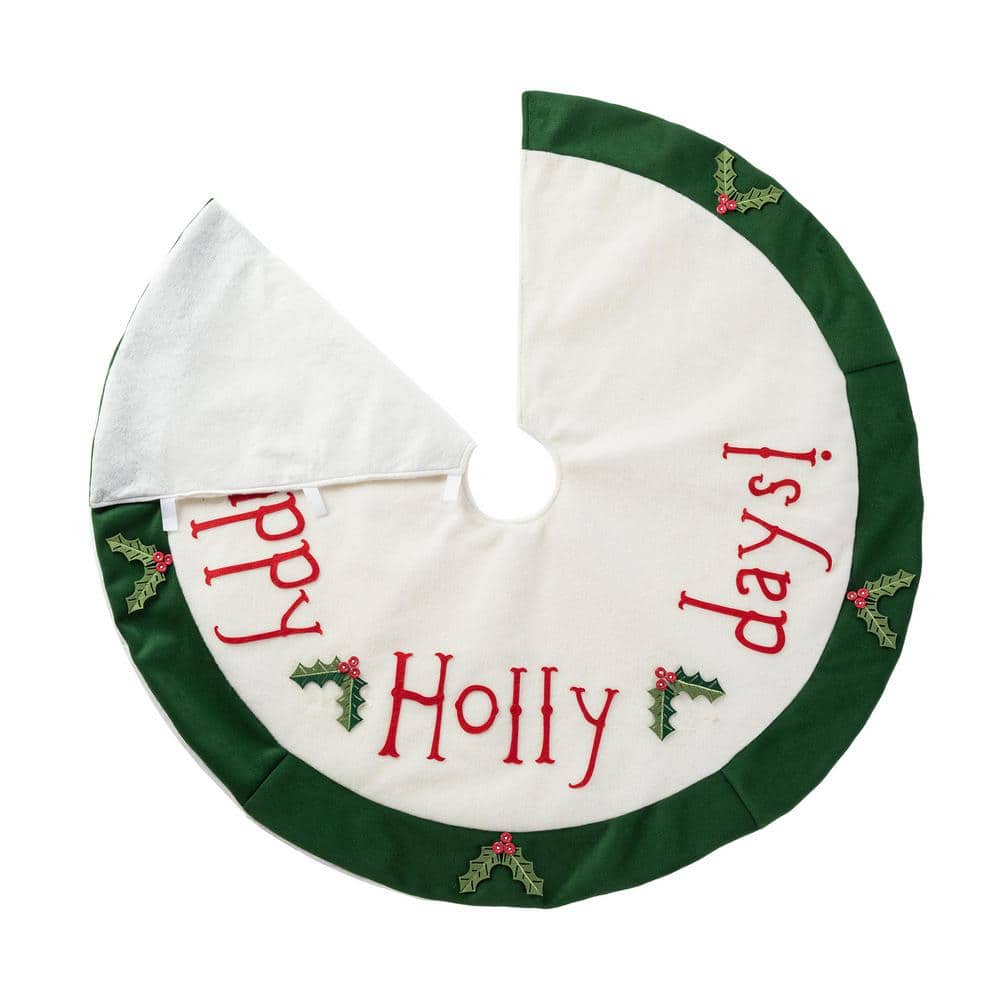 48" Green and White Felt Christmas Tree Skirt with Holly Leaves