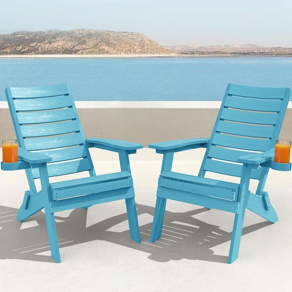 Mximu All-Weather HIPS Blue Folding Plastic Patio Adirondack Chair for Outdoor (Set of 2)