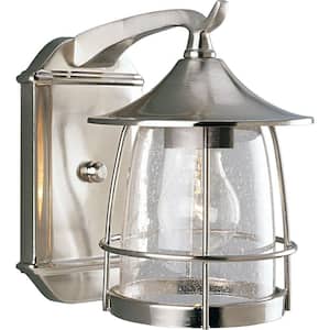 Prairie Collection 1-Light Brushed Nickel Clear Seeded Glass Craftsman Outdoor Medium Wall Lantern Light