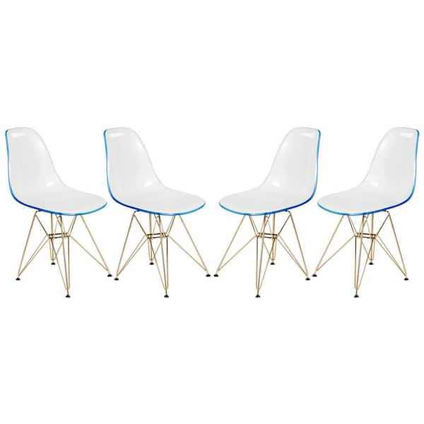 Leisuremod Cresco Modern Plastic Molded Dining Side Chair with Eiffel Gold Legs White Blue (Set of 4)
