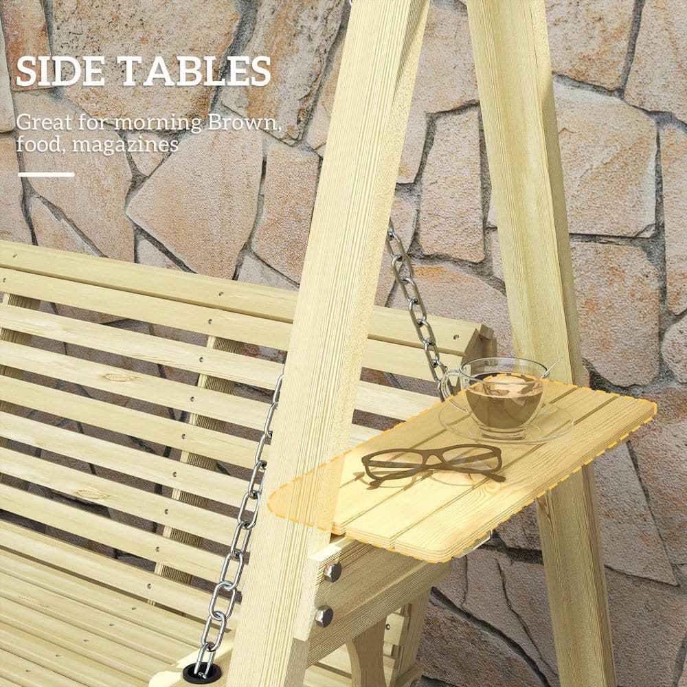 Natural Wood 3-Seat Porch Swing with Side Tables