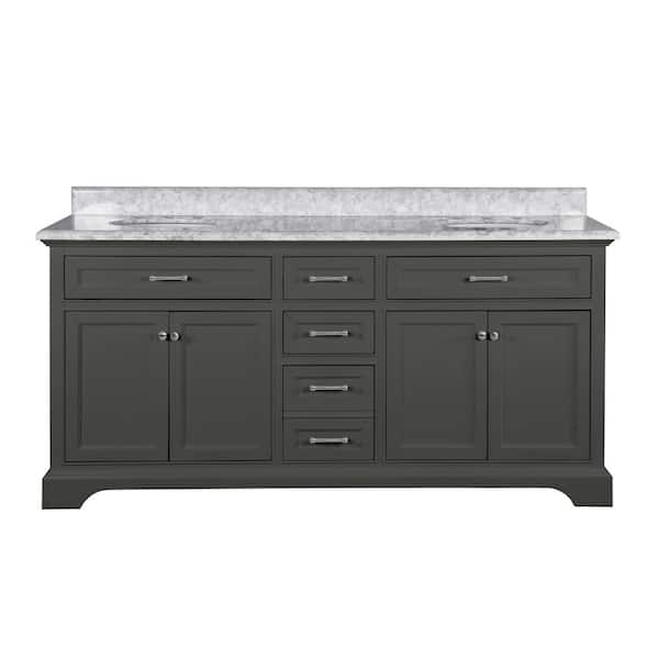 Windlowe 73 in. Double Sink Gray Bath Vanity with White Carrara White Marble Top (Assembled)