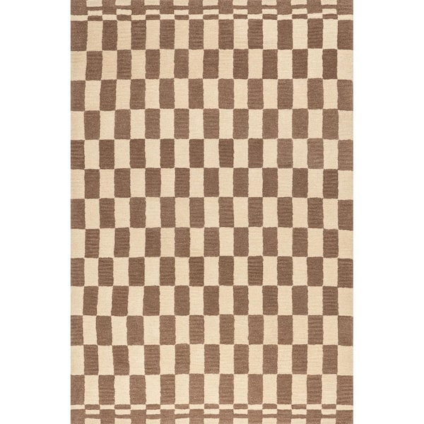Kia Checkerboard Wool Mocha Brown 6 ft. x 9 ft. Indoor/Outdoor Patio Area Rug