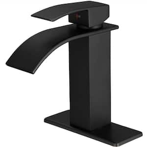 Single Handle Single Hole Waterfall Bathroom Faucet Modern Brass Sink Basin Taps with Deckplate Included in Matte Black