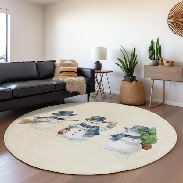 Chantille Machine Washable Indoor/Outdoor Abstract ACN1826 Ivory 8 ft. x 8 ft. Round Rug