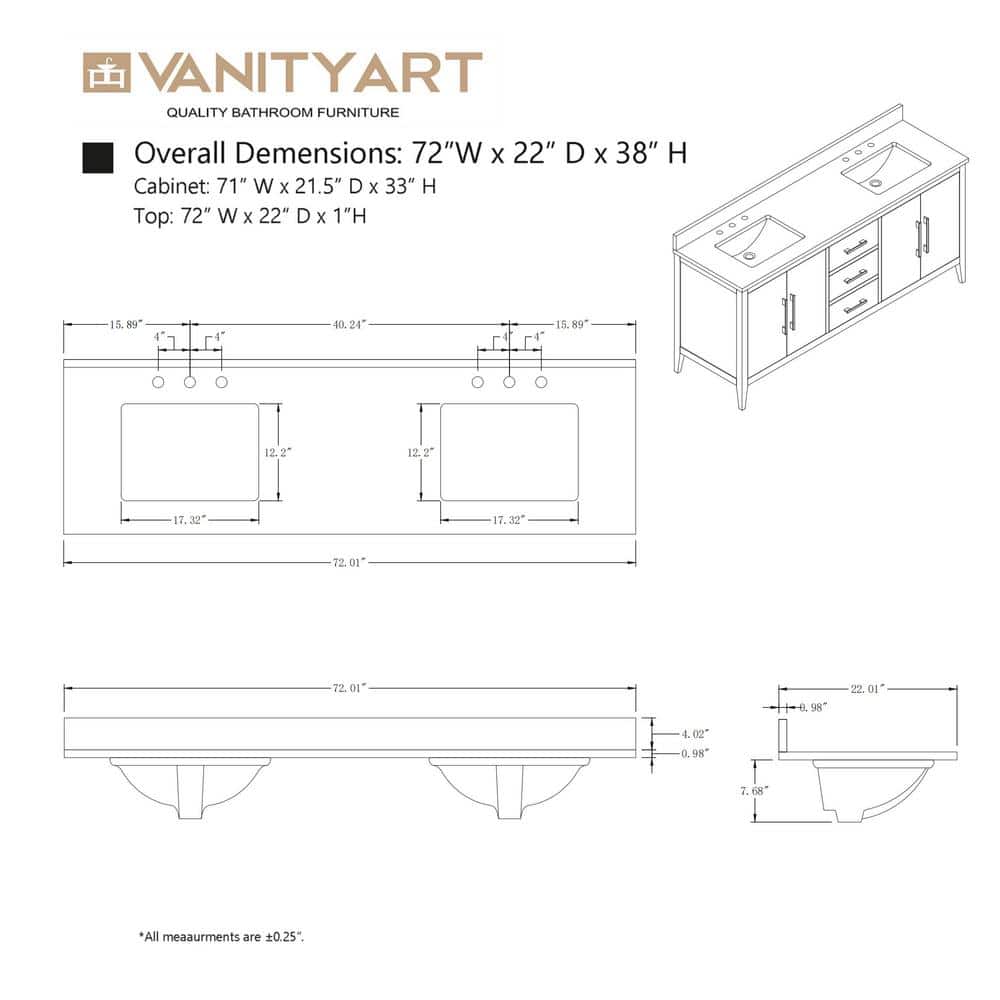 72'' Cashmere Gray Double Bathroom Vanity with Engineered Marble Top