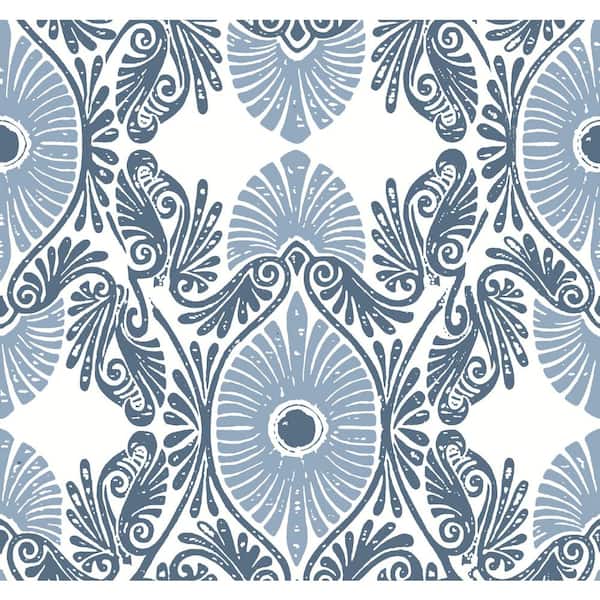 A-Street Prints Villa Embellished Ogee Blue Nonpasted Non Woven Wallpaper Sample