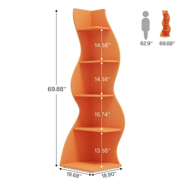 Eulas 69.8 in. Tall Orange Engineered Wood 5-Shelf Standard Bookcase Corner Shelf with Storage