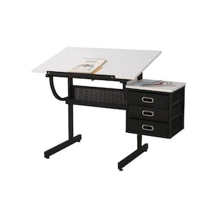35.42 in. White Wood Adjustable Drafting Table/Writing Desk With Drawers And Chair