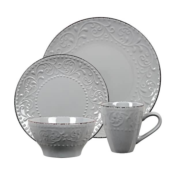 Lorren Home Trends 16-Piece Stoneware Scroll Dinnerware Set-Gray LH527 -  The Home Depot