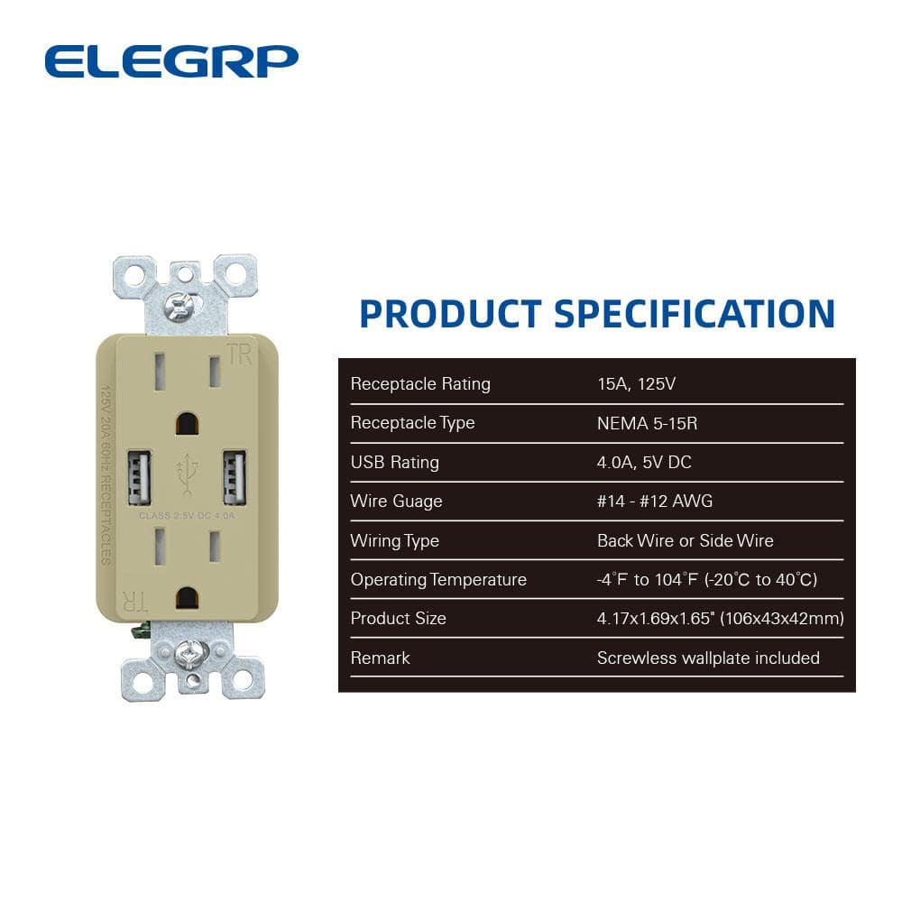 Ivory 15A Tamper Resistant Duplex Outlet with USB Ports and Wall Plate