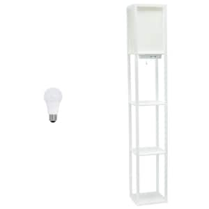 62.5 in. White Modern 3-Tier Column Floor Lamp with Charging Ports and Outlet for Living Room with LED Bulb Included